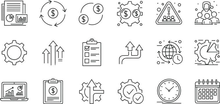 Set of black and white line business and productivity icons featuring finance, teamwork, project management, analytics, scheduling, and workflow symbols