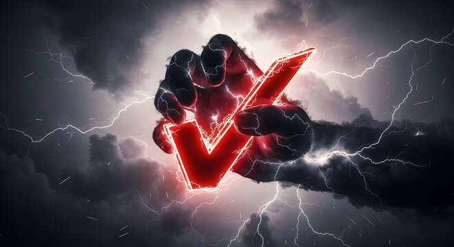 Hand holding a glowing red checkmark symbol against a dramatic stormy sky with lightning strikes