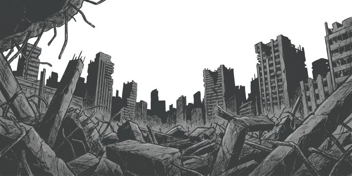 Ruined city landscape with destroyed buildings and rubble after a disaster in a dramatic black and white illustration