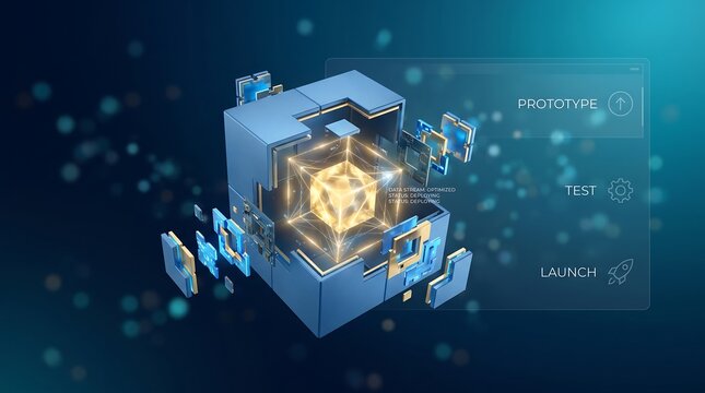 Cube mechanism deconstructs in midair to reveal a brilliant glowing core while structured labels guide the development workflow from initial prototyping through testing to final launch.