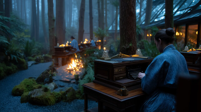 Digital detox retreat in a fog-covered mountain lodge, guests writing letters by hand at separate antique desks near tall windows, warm firelight contrasting the cold mist outside, perfect for unplu