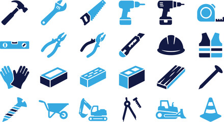 Construction tools and equipment icons for building and renovation projects safety gear and hardware supplies. © PolashMONI