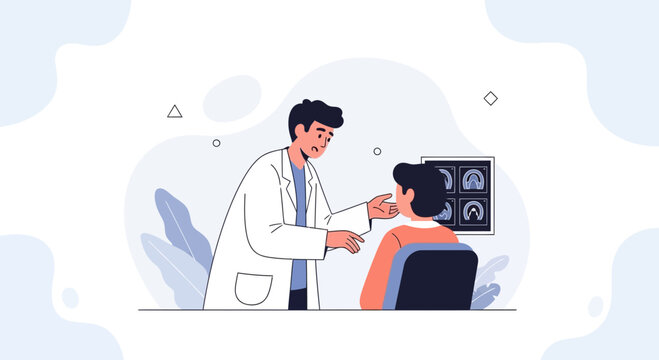 Doctor examining patient's face with dental x-rays on screen