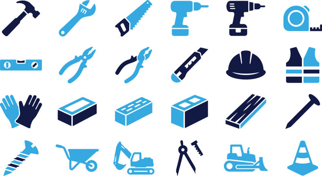 Construction tools and equipment icons for building and renovation projects safety gear and hardware supplies.