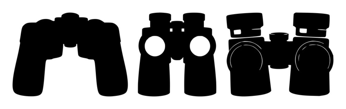 Wildlife tracker binoculars set with solid black icon, white background featuring binoculars, wildlife, tracking with animal eye and bird eye