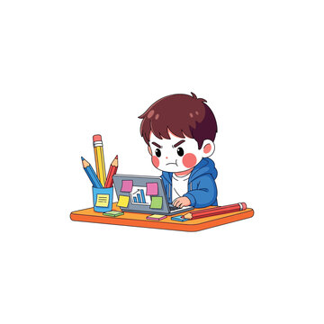 A frustrated child sits at a desk with a laptop and school supplies looking stressed.