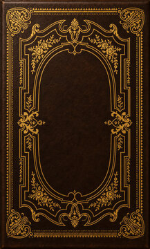 Capa de livro com ornamento dourado oval em couro marrom