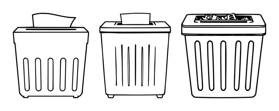Paper shredder set with black line art illustration on white background featuring shredder, office equipment, security, document protection with machine and tool