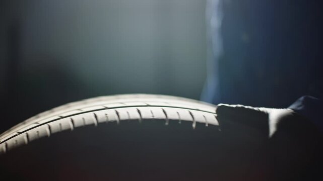 Dramatic close-up of a car tire revealing detailed tread grooves and rubber texture under moody lighting, capturing the wheel profile to emphasize traction, wear, and performance.