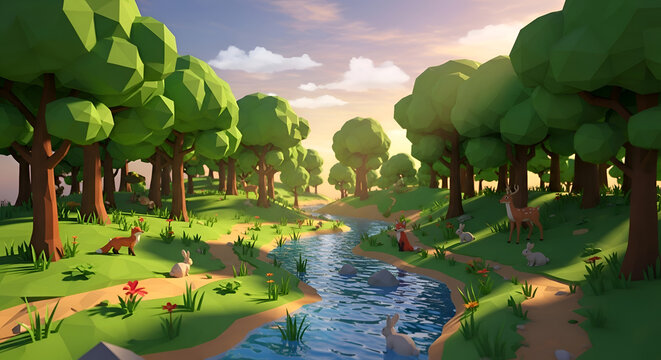 Low Poly Forest Stream with Animals at Sunset, Cute Woodland Creatures