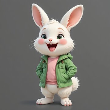 Cute 3D cartoon bunny with big ears smiling and jumping, wearing a green jacket and pink shirt, isolated on a transparent background