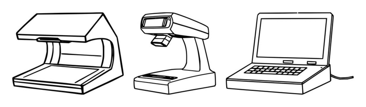 Scanner set with black line art illustration on white background featuring electronic device, health monitoring, document scanning with minimalist and vector illustration