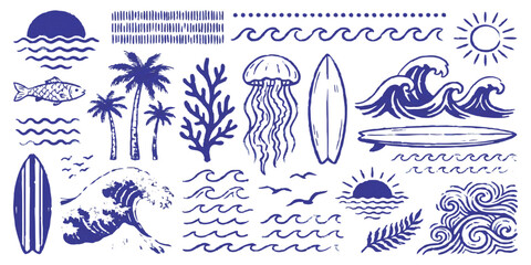 Set of hand drawn beach and ocean elements with surfboards waves palm trees jellyfish and sun in blue ink style © ZenVectors