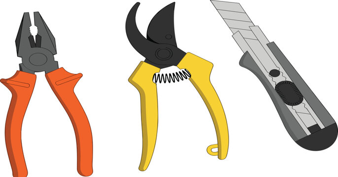 Vector Illustration of Pliers, Pruning Shears, and Utility Knife for Hand Tools and DIY Projects