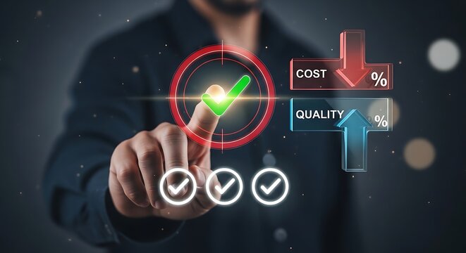 Quality Management and Cost Optimization Concept, Businessman Achieving Target to Increase Quality and Decrease Cost, Strategic Business Performance and Efficiency Improvement