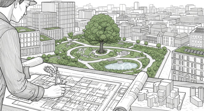 Urban park oasis with lush green trees and winding paths.