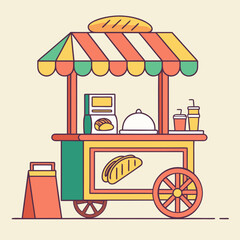 Naklejka premium Colorful food cart with bread and drinks on a beige background cartoon