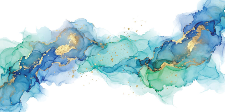 Abstract alcohol ink art with flowing blue and green liquid paint textures and golden metallic details