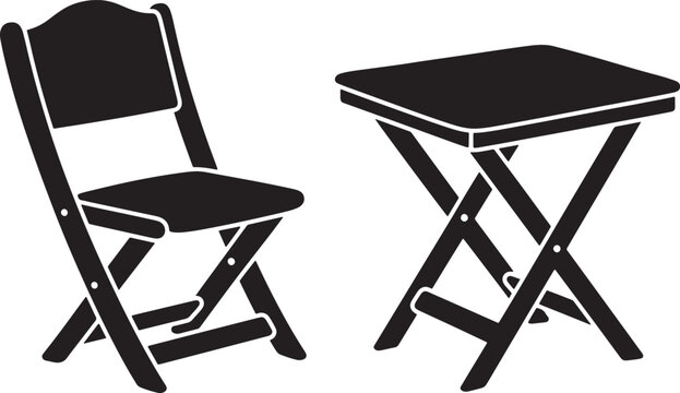 Black folding chair and table, isolated on white background