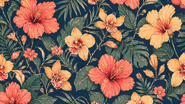 Seamless tropical floral pattern with vintage hibiscus, orchids and monstera leaves on dark navy background.