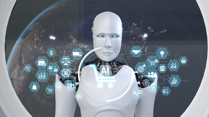 A futuristic robot stands before a digital interface displaying e-commerce icons and data. This image represents the intersection of technology and online shopping experiences. Synapse © InfiniteFlow