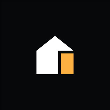 Minimalist abstract logo design featuring a white house shape with an orange rectangular door element against a black background.