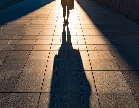 Sombra proyectada en el suelo de una persona caminando sobre pavimento urbano, concepto de soledad, misterio, introspecci&oacute;n, aislamiento y contraste entre luz y oscuridad