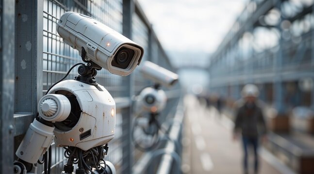 Security robot with camera monitoring pedestrian walkway. Autonomous surveillance machine watching crowds on bridge. Future urban safety technology, robotic patrol and public control.
