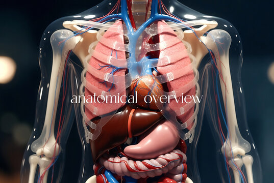 An anatomical overview of a human torso, highlighting the circulatory and respiratory systems.