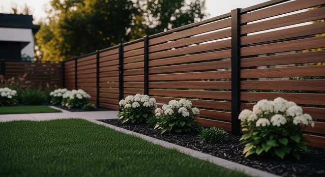 Horizontal wooden fence with white flowering shrubs and green lawn in a residential garden