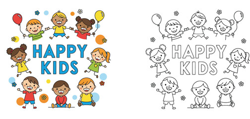 Fototapeta premium Happy Kids Illustration Set with Diverse Cartoon Children, Balloons, and Flowers plus Outline Coloring Page Version for Preschool Educational Activity and Nursery Decor Vector Design