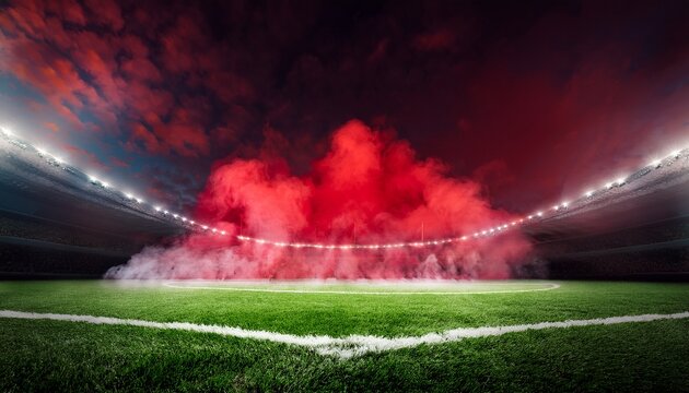 red smoke and green grass in football or soccer stadion background for sport commercials