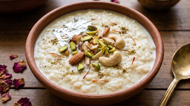 Close-up of creamy kheer dessert with nuts garnish
