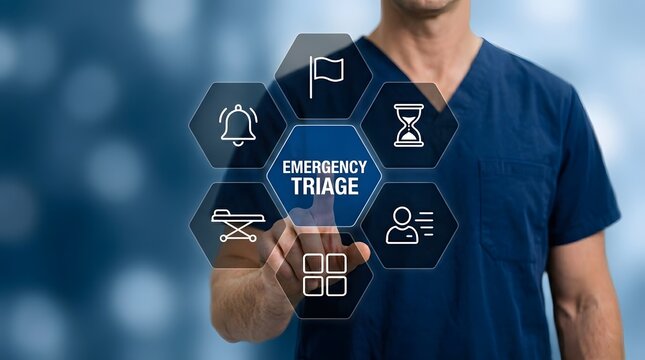 professional male doctor interacting with digital emergency triage system, showcasing healthcare innovation and medical technology for advertising, education, and business presentations