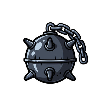 Isolated cartoon naval sea mine with sharp spikes and metal chain, historical weapon, maritime danger, hazard illustration