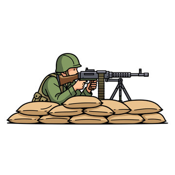 Machine gunner soldier behind sandbag bunker, tactical warfare defense position, military combat infantry action, hand drawn illustration style