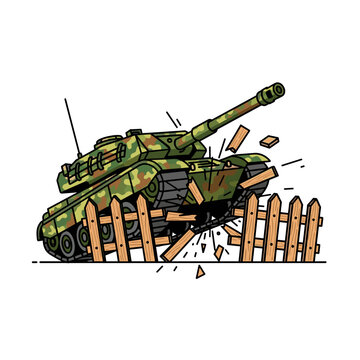 military tank crashing through a wooden fence showing destruction and power with camouflage pattern, force, impact, barrier breakage