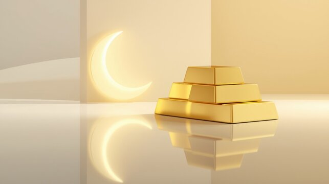 Shariah compliant investment concept with gold bars and crescent moon symbol