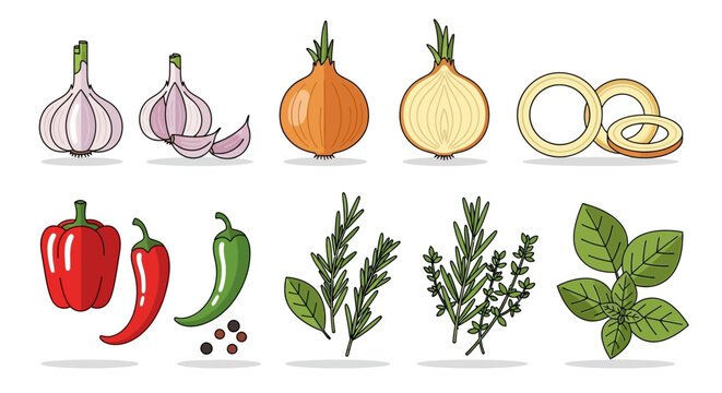 Variety of fresh herbs and vegetables.