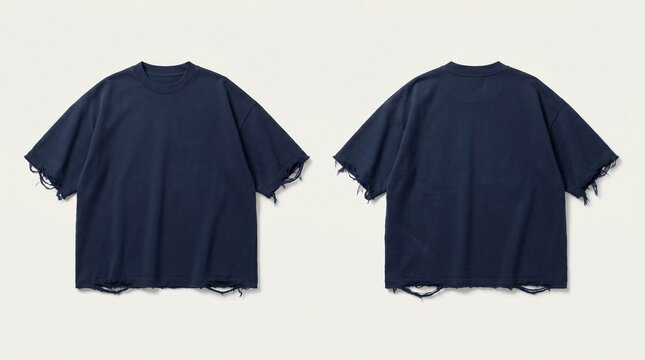 Front and back view of a navy blue oversized distressed t-shirt mockup, streetwear apparel template with ripped hems on a light background