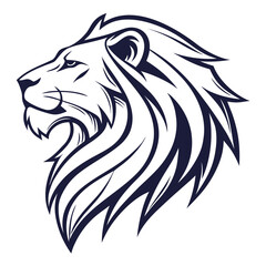 Black and white lion head with long mane on white background animal © Adori