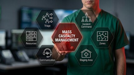 Naklejka premium Medical professional presenting mass casualty management concepts using digital emergency response icons. Ideal for healthcare marketing, emergency training, and disaster preparedness.