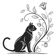 Black cat sitting next to a flowering plant feline © Adori