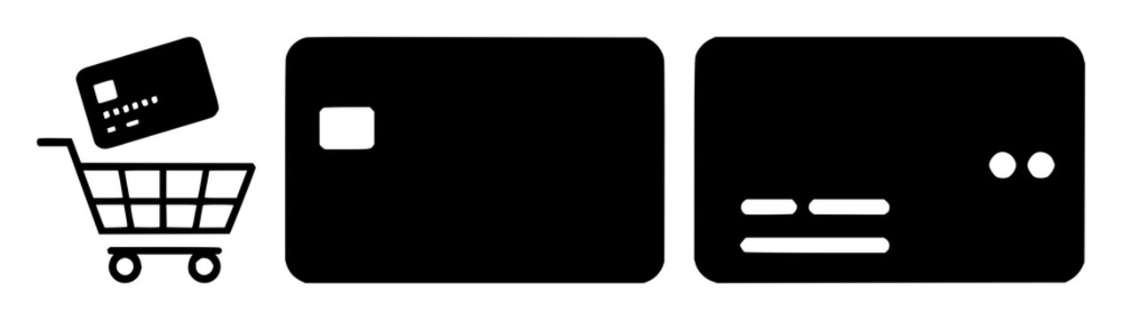Checkout credit card icon set with simple black line shape on white background featuring credit card, checkout, icon with minimal line and silhouette