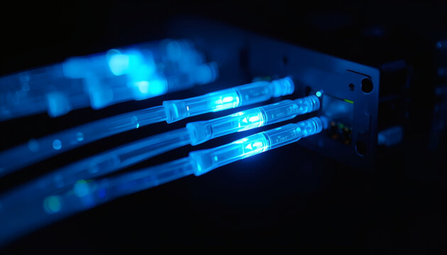 Illuminated blue fiber optic cable ends. High-speed internet background.