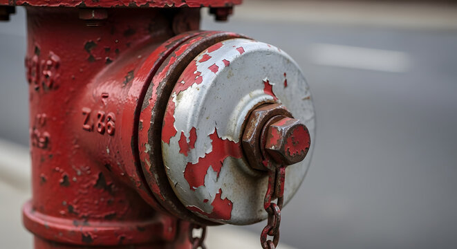 Rusty red fire hydrant valve with peeling paint close-up