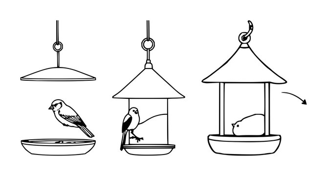 Bird feeder set with black line art depiction on white background featuring bird feeder, bird feeding, feeding station with birdwatching and wildlife