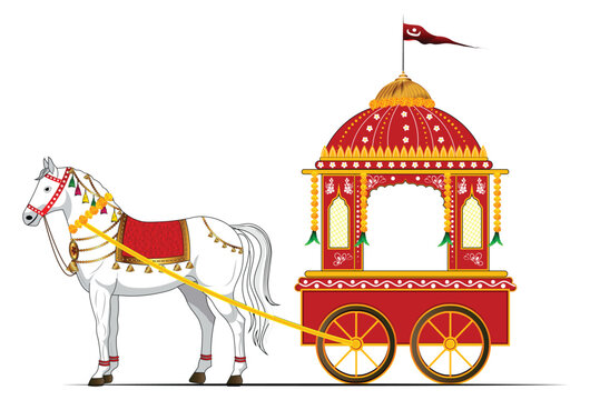 Indian Wedding Chariot with Decorated White Horse Vector Illustration for Royal Marriage Invitation