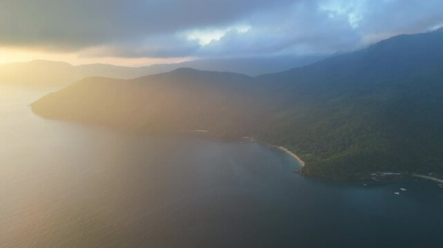 Aerial view of the island of Ilha Grande near the town of Angra dos Reis in Brazil during sunrise