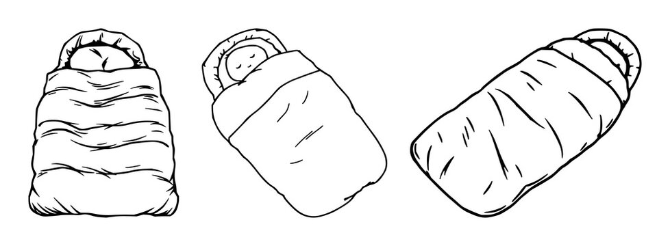 Sleeping bag set with simple white background design featuring camping, outdoor, adventure with travel and equipment